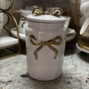 Elegant White and Gold Bow Accent Jar